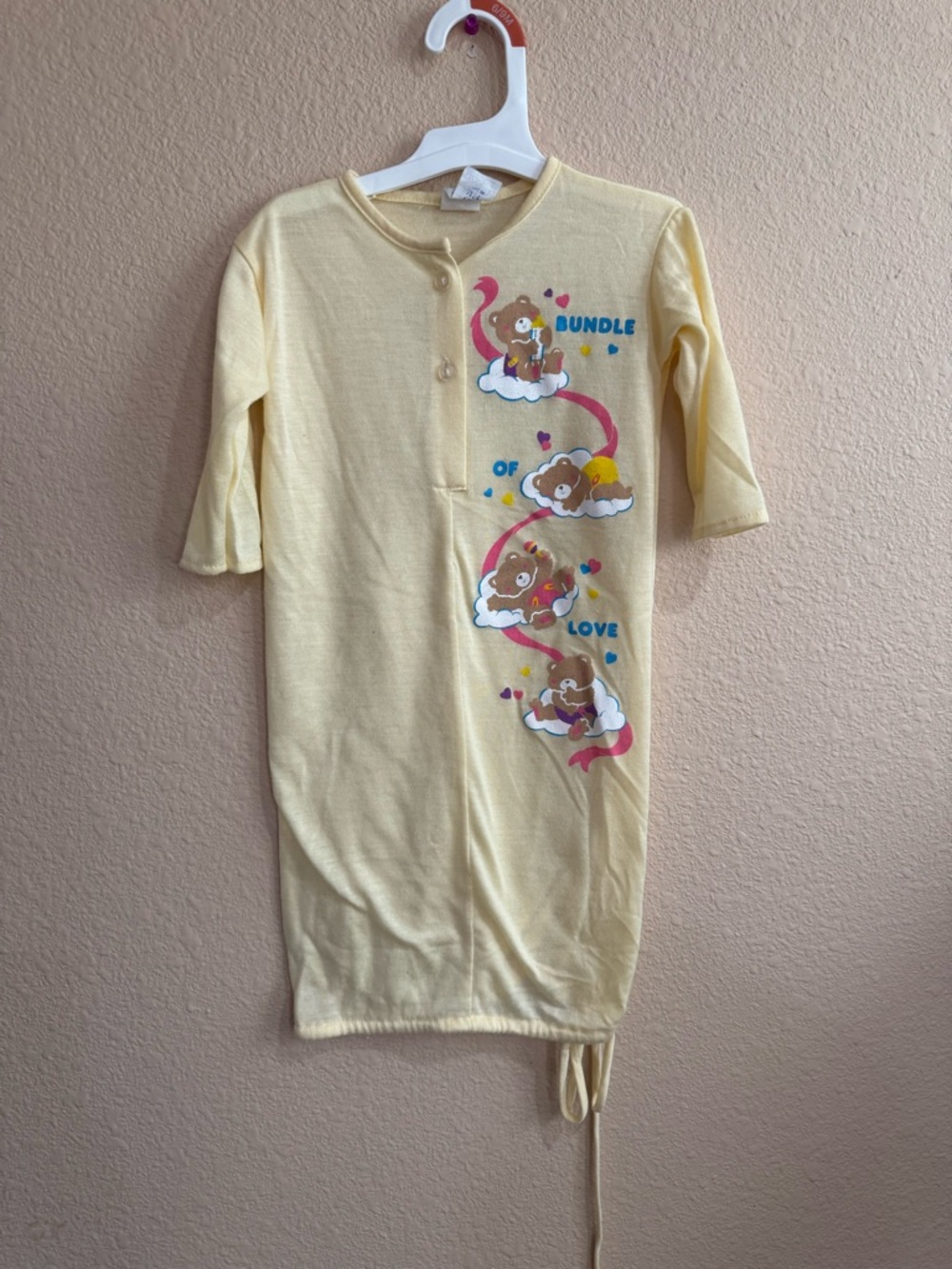 Vintage Berkshire Yellow Infant Gown with Teddy and Heart Print-one size